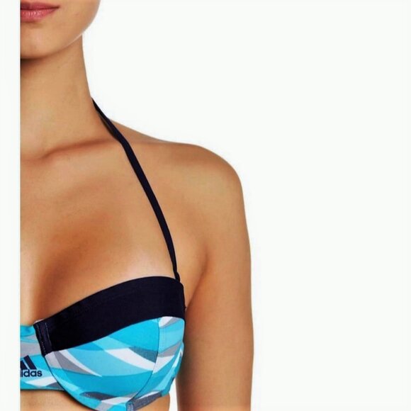 XL-L Adidas Swim Bandeau Top Bikini Set Hipster Bottom Blue Logo Overlay Stripe - Picture 9 of 11